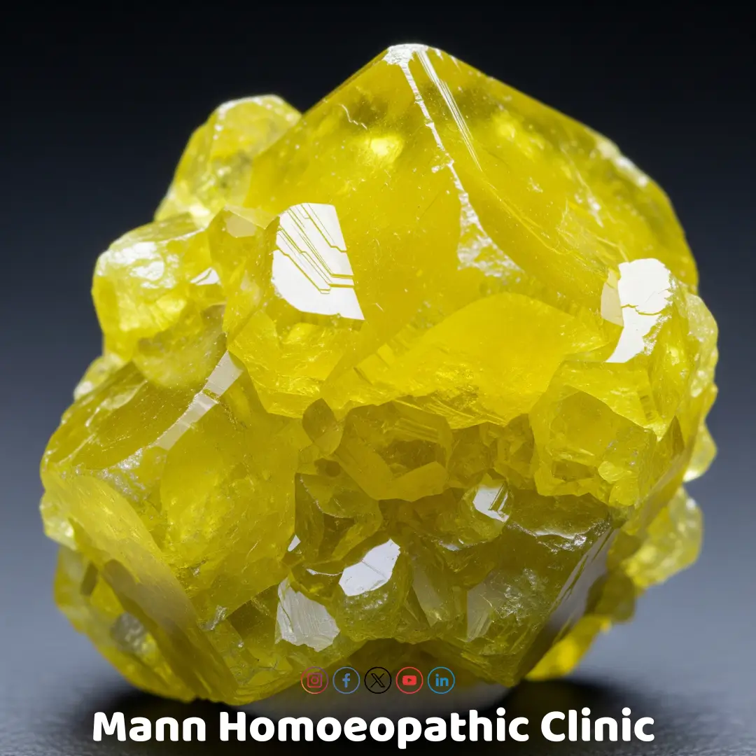 A vibrant, crystalline yellow Sulphur mineral, representing a key remedy in homeopathy, is featured in a macro shot for the Mann Homoeopathic Clinic.