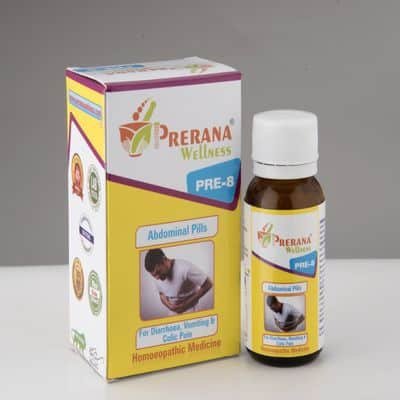 PRE 8 Abdominal Pills 25gm Homeopathic Medicine For Dysentery Diarrhoea Colitis Gastroenteritis Belching Vomiting Prerana Wellness