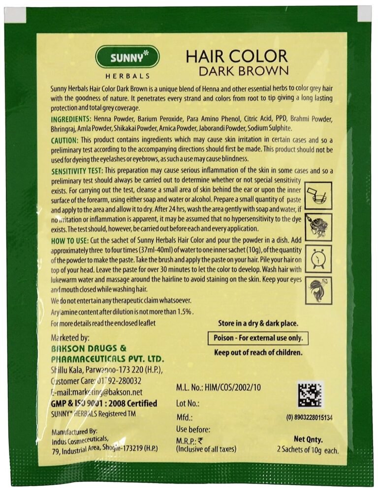 Sunny Hair Color Dark Brown Sunny Herbals Bakson Homeopathic Medicine how to use for Grey hair Control Dry thinning greying hair Control flakes itching of scalp Prevents hair fall dandruff Back