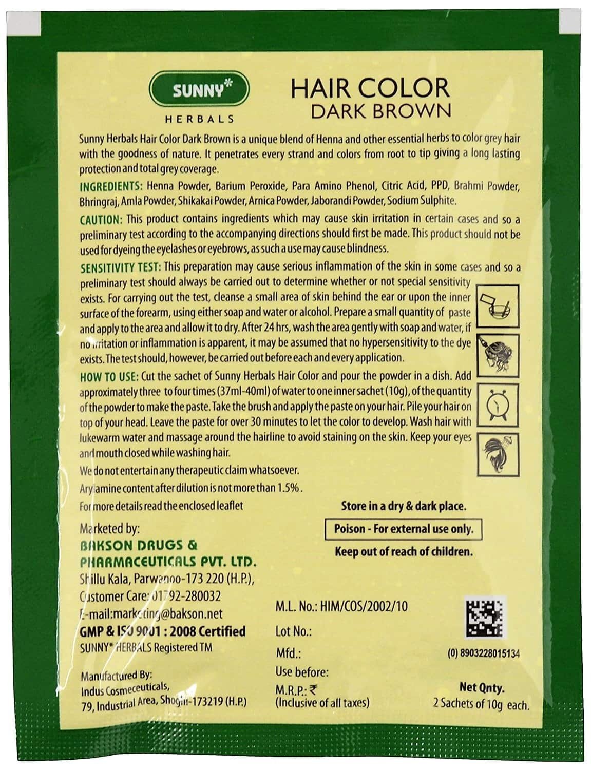 Sunny Hair Color Dark Brown Sunny Herbals Bakson Homeopathic Medicine how to use for Grey hair Control Dry thinning greying hair Control flakes itching of scalp Prevents hair fall dandruff Back